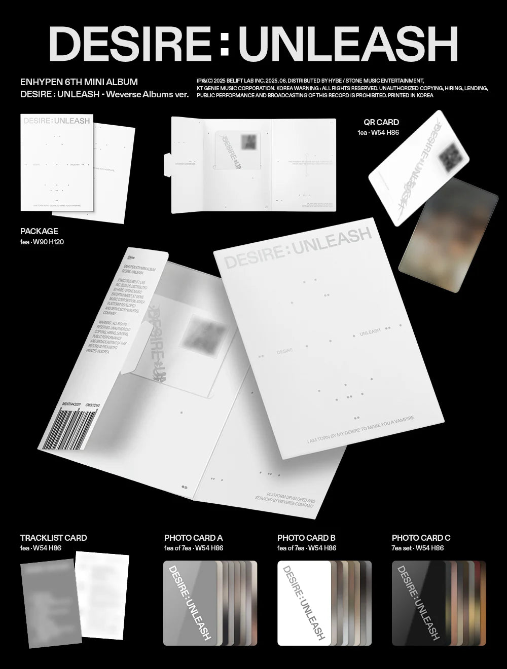 Contents of ENHYPEN DESIRE: UNLEASH 6th Mini Album WEVERSE Albums Version, including package, 1 QR card, 1 tracklist card, and 3 random photocards (A, B, C, 1 out of 7 each), official K-pop fan merchandise.