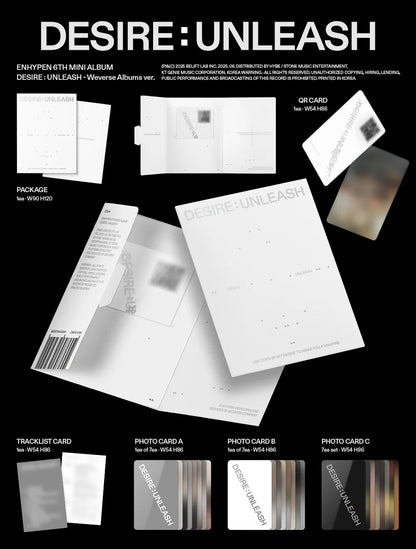 Contents of ENHYPEN DESIRE: UNLEASH 6th Mini Album WEVERSE Albums Version, including package, 1 QR card, 1 tracklist card, and 3 random photocards (A, B, C, 1 out of 7 each), official K-pop fan merchandise.