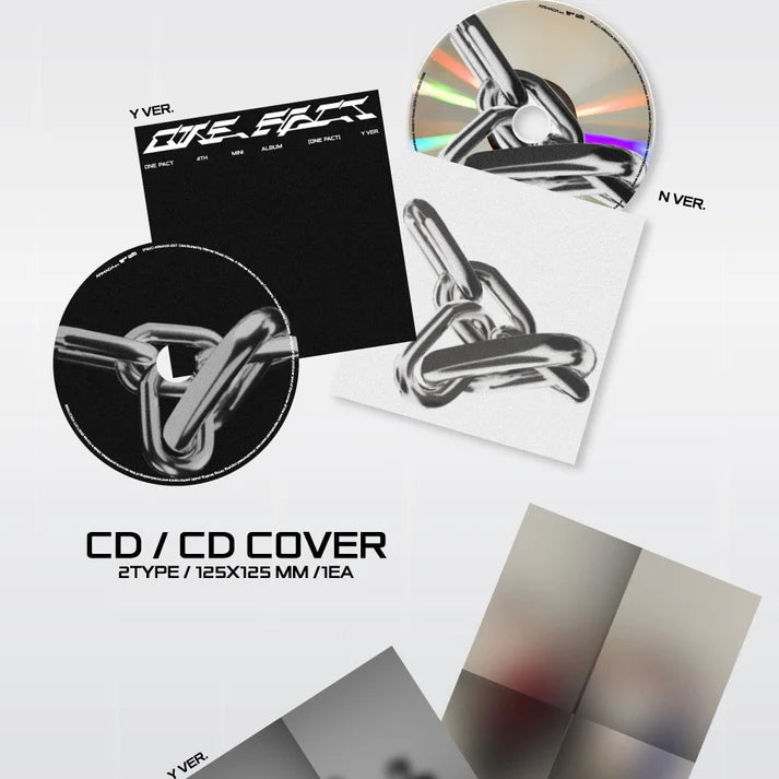 Contents of ONE PACT 4th Mini Album [ONE FACT], including random photobook, CD, CD cover, poster, 2 random photocards (out of 20), sticker, and 1 random lyrics card (out of 8), official K-pop merchandise.