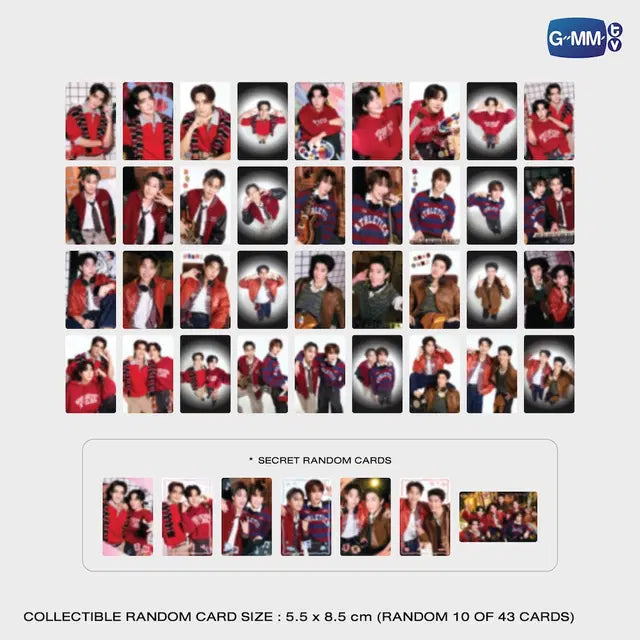 FEEL FAN FUN PARTY CONCERT collectible random photocard collection showing possible card designs and card size details featuring EarthMix BounPrem and FirstKhaotung official GMMTV merchandise