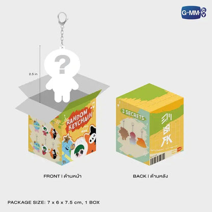 FEEL FAN FUN PARTY CONCERT Random Doll Keychain box front and back with size details and sample keychain official GMMTV blind box collectible