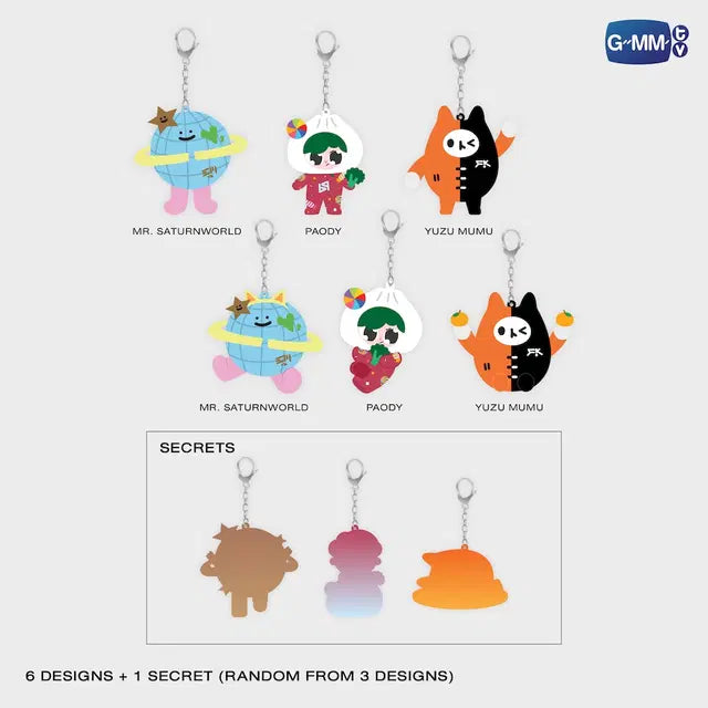 FEEL FAN FUN PARTY CONCERT Random Doll Keychain collection featuring 9 possible designs including MR SATURNWORLD PAODY and YUZU MUMU official GMMTV merchandise