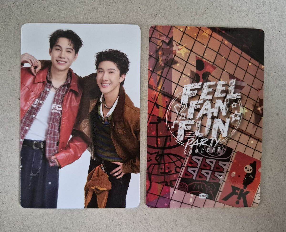 First and Khaotung 2 FEEL FAN FUN PARTY CONCERT collectible photocard front and back official GMMTV FirstKhaotung merchandise.