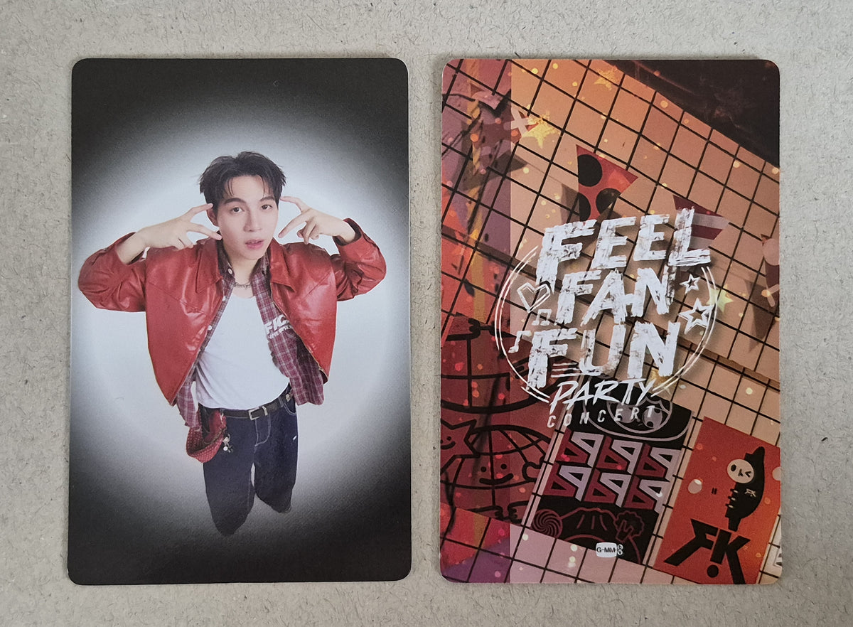 First 3 FEEL FAN FUN PARTY CONCERT collectible photocard front and back official GMMTV FirstKhaotung merchandise.