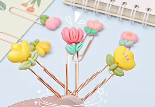 Cute Flower-Shaped Binder Clips in assorted colours, decorative stationery clips for school, office or journaling.