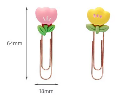 Cute Flower-Shaped Binder Clips with size measurements shown, colourful stationery paper clips for documents.