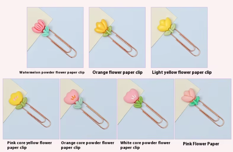 Cute Flower-Shaped Binder Clips in assorted colours, decorative stationery clips for school, office or journaling.