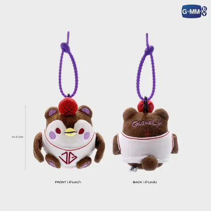 Front and back views of the Guinzly GMMTV plush doll keychain with size details, showing the 10.5 cm bear‑penguin hybrid in jersey outfit.