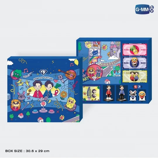 Official GF GAME OF FORTUNE box opened with stored components, including game board, Chance cards, property cards, dice, and tokens from Gemini Fourth My Turn Concert merchandise.