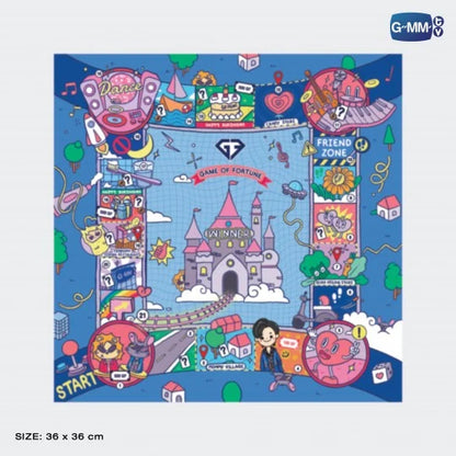 GF GAME OF FORTUNE game board flat layout with full dimensions, featuring ‘Winner’ space, property spaces, missions, and colourful design inspired by Gemini Fourth My Turn Concert.