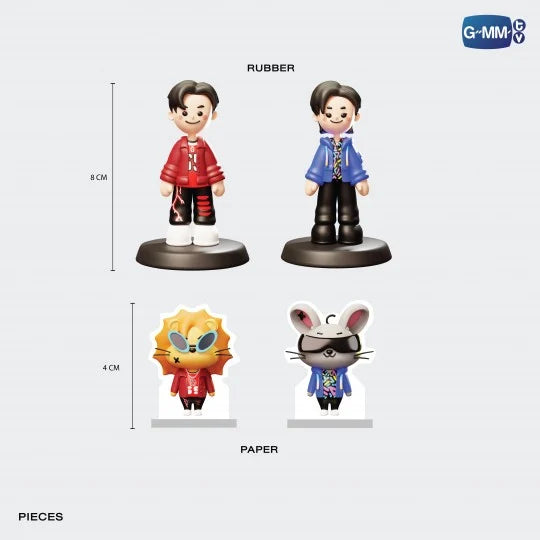 GF GAME OF FORTUNE playing pieces and tokens, including 2 rubber tokens and 2 paper tokens with dimensions, part of official Gemini Fourth My Turn Concert collectible board game.