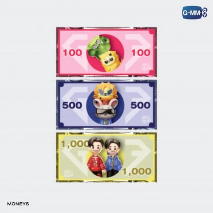 GF GAME OF FORTUNE play money banknotes, including 2 x 1000 GF, 4 x 500 GF, and 20 x 100 GF bills, official Gemini Fourth My Turn Concert board game collectible.