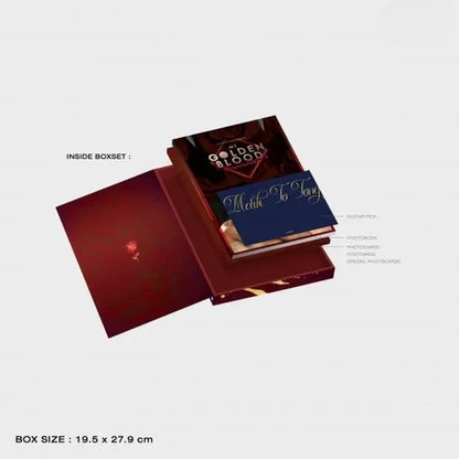 Inside view of the My Golden Blood Memorial Boxset with photobook and collectible items.