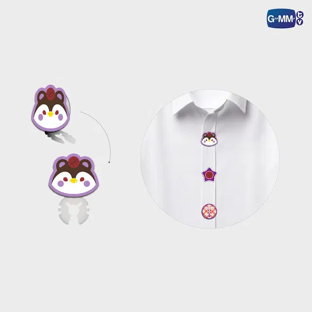 Guinzly button cover set attached to shirt buttons official GMMTV character accessory styling example