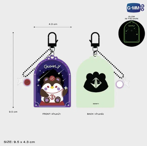 GUINZLY glow acrylic keychain front and back with size dimensions 9.5 x 4.3 cm