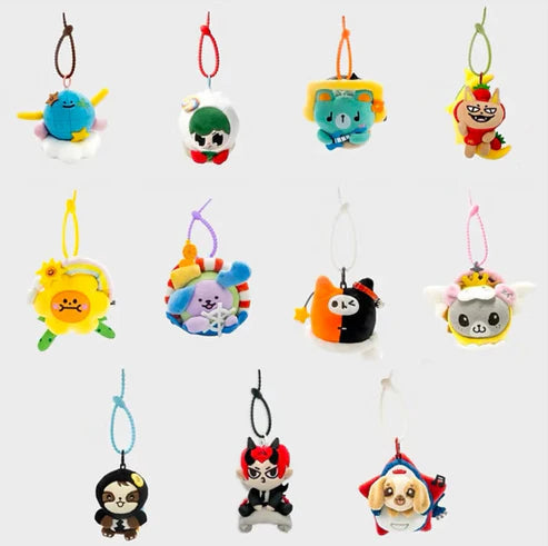 Another display of all 11 Breezy Balloon Doll keychain designs together.