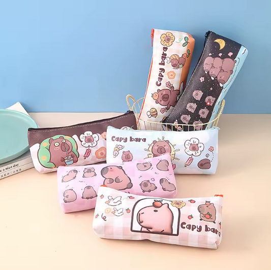 Cartoon Capybara Pencil Bag full set of 5 styles, versatile pouch for stationery, makeup, or small essentials, durable PU material, kawaii design for school, office, or travel.