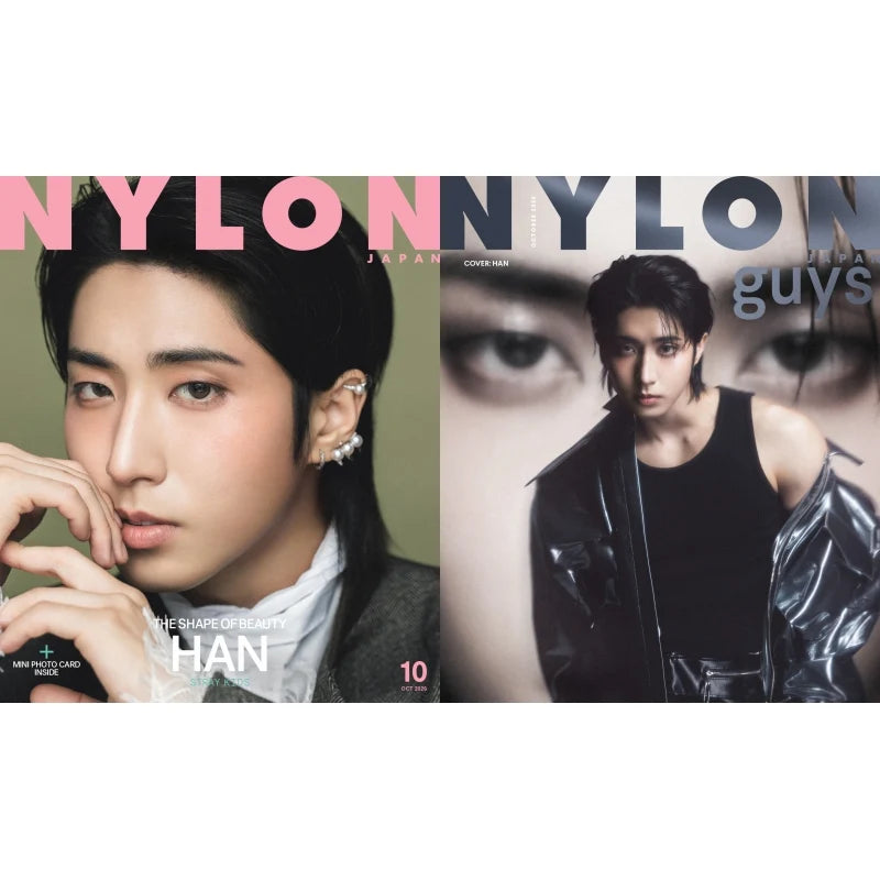 Stray Kids HAN NYLON JAPAN October 2026 Random Cover Ver magazine preview showing both Cover A and Cover B editions official collectible publication