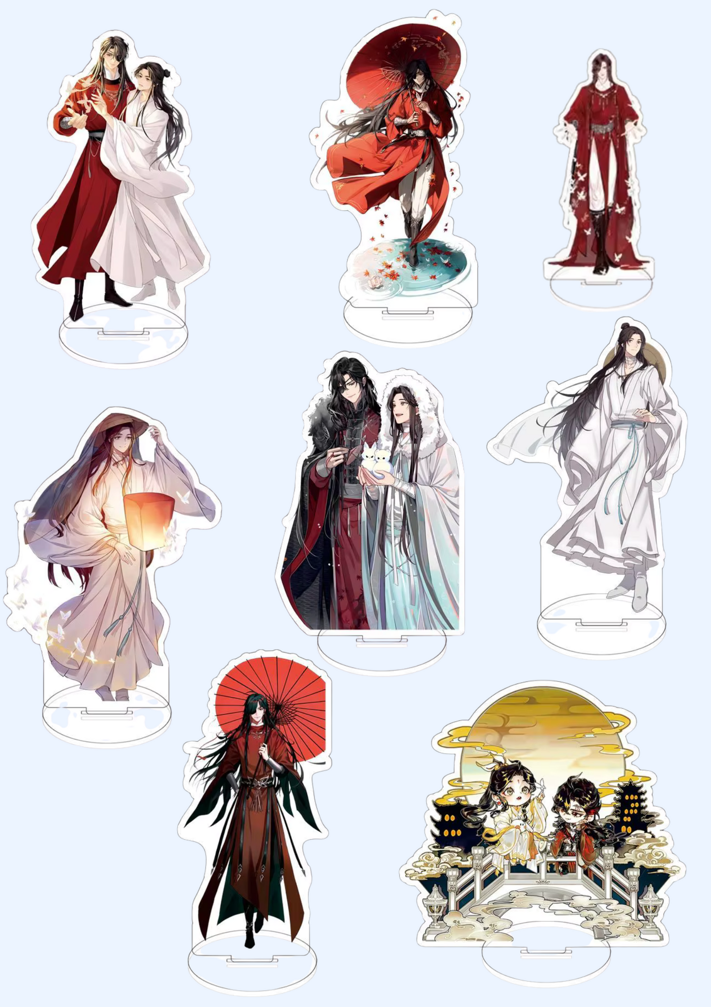 Heaven Official’s Blessing acrylic stand figures featuring Xie Lian and Hua Cheng, full set of all available designs, official fan merchandise for display or collection.