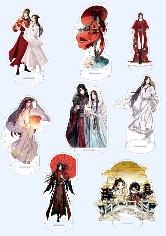 Heaven Official’s Blessing acrylic stand figures featuring Xie Lian and Hua Cheng, full set of all available designs, official fan merchandise for display or collection.