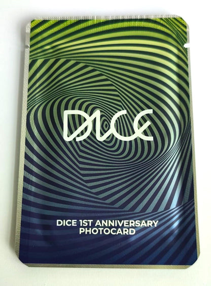 DICE Year One Official Photocard Pack front, special first anniversary edition containing 3 random photocards featuring band members, collectible K-pop merchandise.