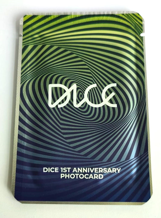 DICE Year One Official Photocard Pack front, special first anniversary edition containing 3 random photocards featuring band members, collectible K-pop merchandise.