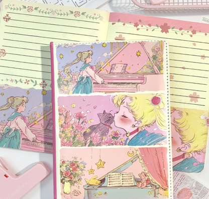 Sailor Moon–inspired A5 notebook featuring a PU leather cover with an anime design and an inside view showing high-quality coloured pages.