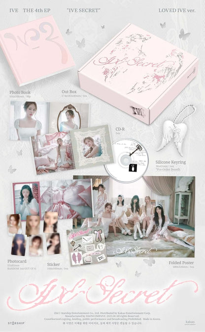 IVE 4th EP Album [IVE SECRET] LOVED IVE Ver. (Limited) – full contents display including outbox, CD-R, photobook, silicone keyring, random photocard, sticker, folded poster, and Apple Music pre-order benefit selfie photocard.