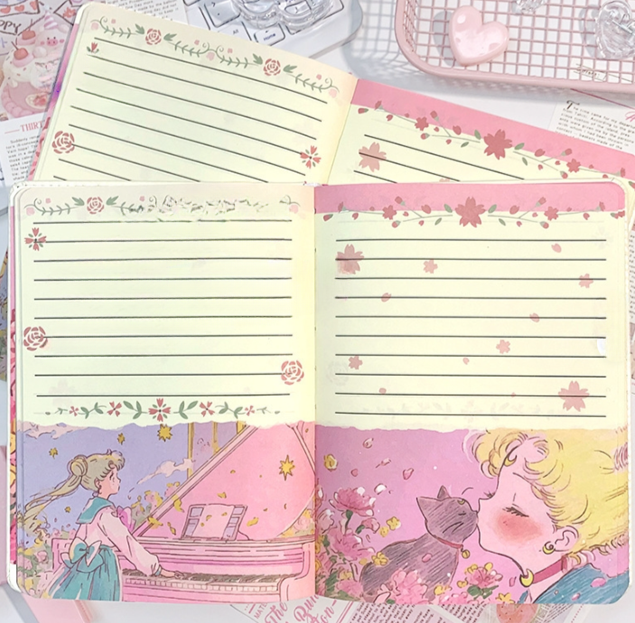 Inside view of the notebook showing the coloured interior pages.