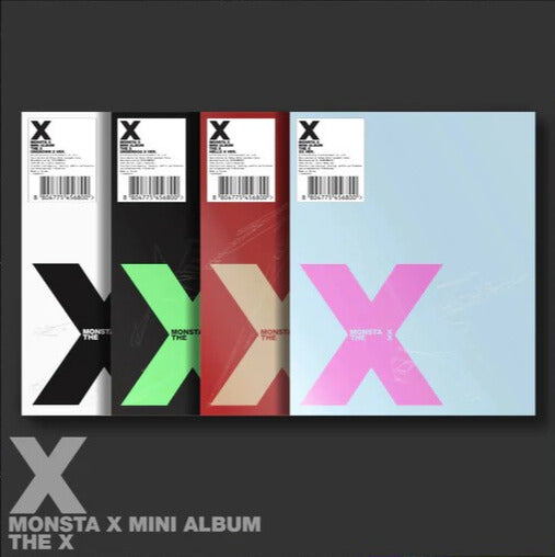 Front covers of MONSTA X 13th Mini Album [THE X] in all four versions: UNKNOWN X, UNDERDOG, HELLO X and XX.