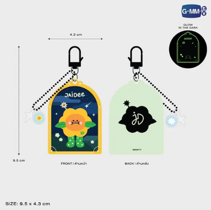 JAIDEE glow acrylic keychain showing front and back, size 9.5 x 4.3 cm