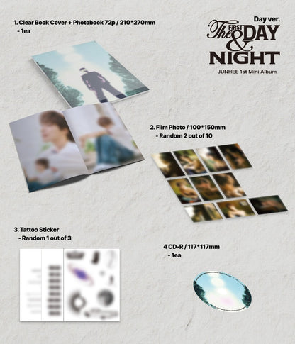Contents of Junhee 1st Mini Album [The First Day & Night], including photobook, film photos, tattoo sticker, and CD-R.