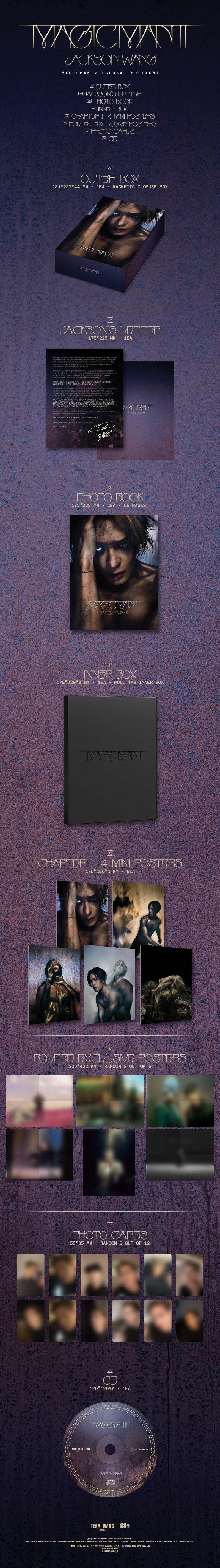 Contents of Jackson Wang MAGICMAN 2 album, including outer box, Jackson's letter, 56-page photobook, inner box, Chapter 1-4 mini posters (5 each), 2 random folded exclusive posters (out of 6), 3 random photocards (out of 12), and 1 CD, official K-pop merchandise.