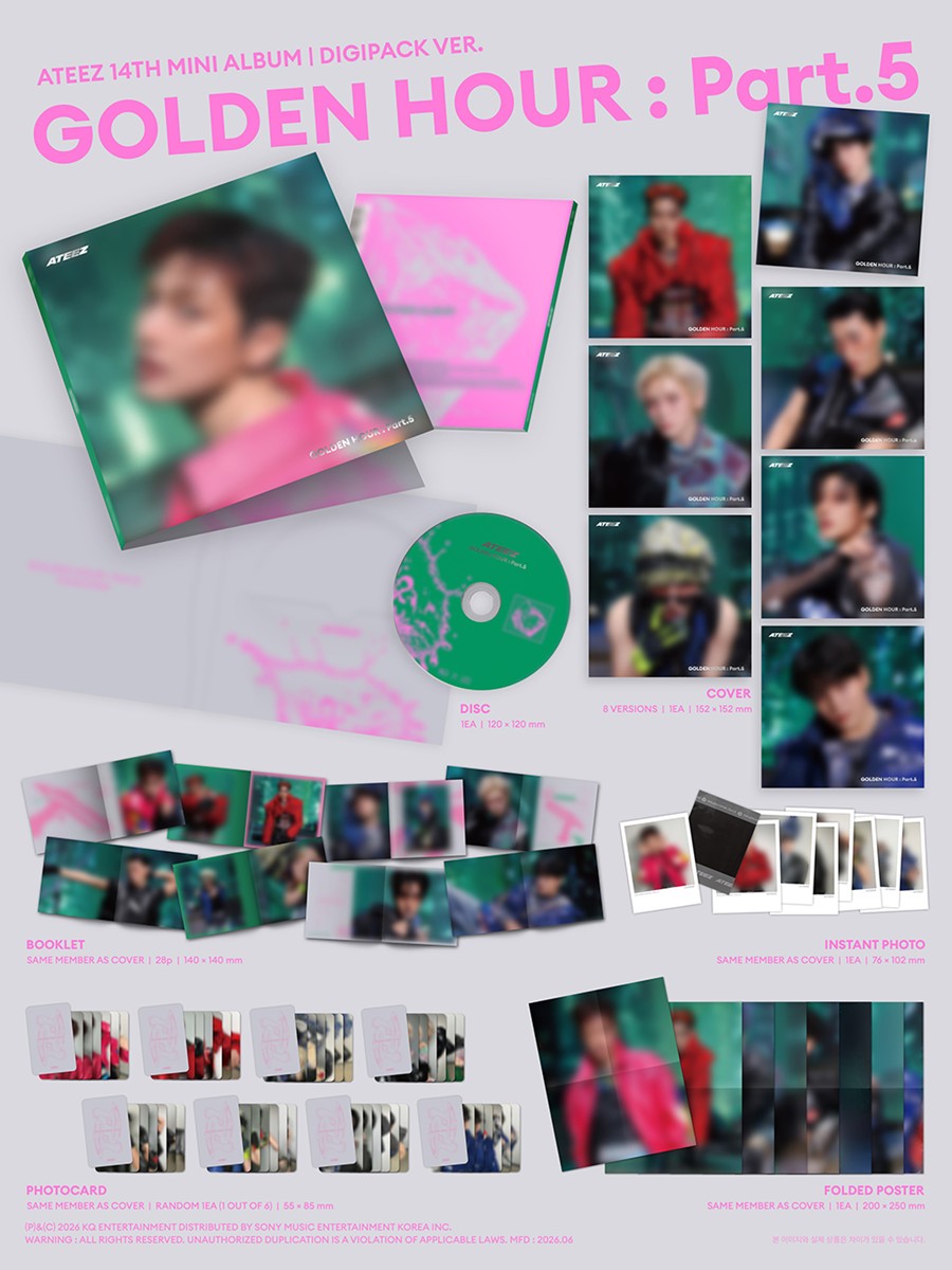 ATEEZ Golden Hour Part 5 Digipack album contents preview booklet photocard CD poster KQShop double sided bouquet selfie POB