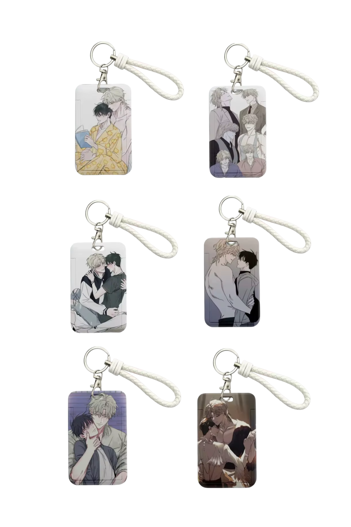 Low Tide in Twilight Korean BL manhwa acrylic ID and photocard holder keychains, complete set of six featuring Yeo Taeju and Kim Euihyun in various poses, official fan collectibles.