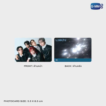 LYKN exclusive photocard front and back preview with size details included with LYKYOU acrylic clip stand