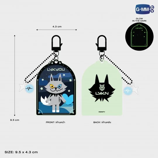 LYKYOU Glow acrylic keychain front and back with size details