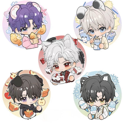 Love and Deepspace LADs cute character badge set fan inspired collectible pin designs Xavier Zayne Rafayel Sylus Caleb colourful character artwork overview
