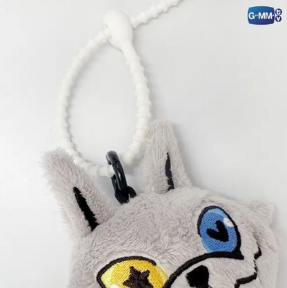 Close-up of the LYKYOU GMMTV plush keychain front, showing the wolf’s heterochromatic eyes, EF plush fabric texture, and fine stitching.