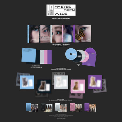 Contents of MEOVV MY EYES OPEN VVIDE 1st EP Album WITHMUU Gift, including outer sleeve and box, 14-page photobook, CD-R, 1 set paper doll kit with sticker, 1 photocard per version (out of 3), and 1 unreleased selfie photocard (random out of 5) from WITHMUU gift, official K-pop merchandise.