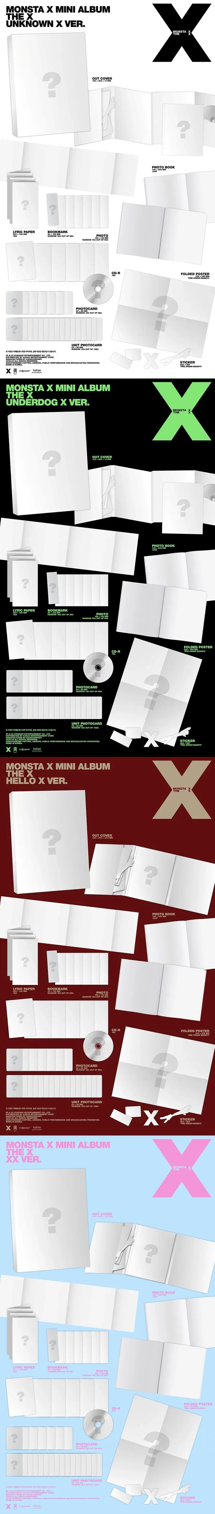 Contents of MONSTA X 13th Mini Album [THE X], including CD, 100-page photobook, lyric paper, random photo, random photocard, random unit photocard, and random bookmark.