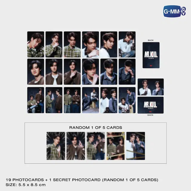 MR.KILL มังงะสั่งตาย photocard set preview featuring 20 collectible cards and 1 random bonus card with size details official GMMTV merchandise