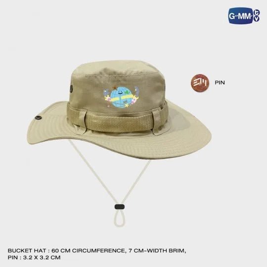 Mr Saturnworld khaki bucket hat 60 cm circumference 7 cm brim with EM logo pin Love Out Loud Fan Fest 2024