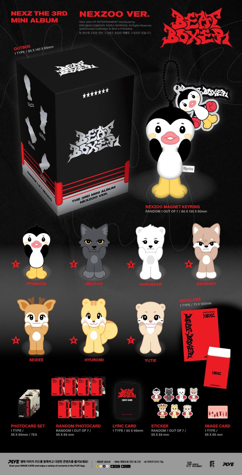 NEXZ 3rd Mini Album - Beat-Boxer (NEXZOO Ver.) full contents layout displaying the outbox, NEXZOO magnet keyring, envelope, photocard set, random photocard, lyric card, sticker and image card.