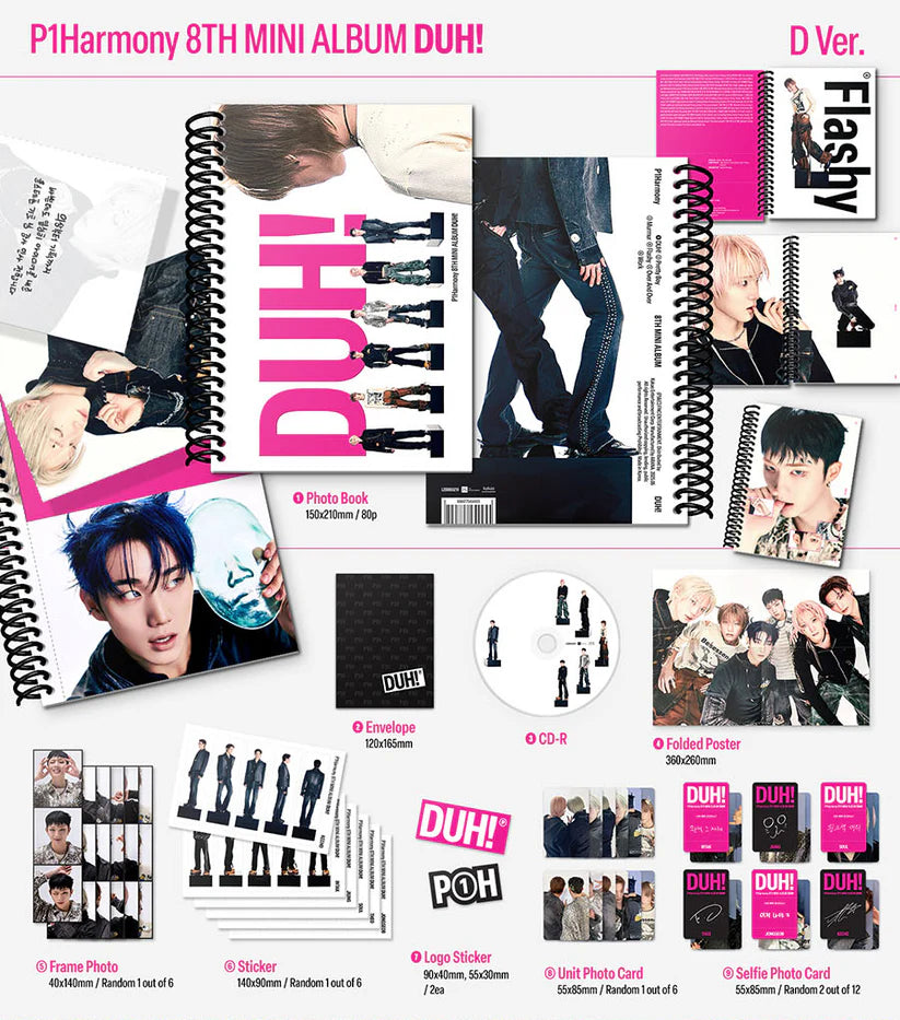 P1Harmony 8th Mini Album [DUH!] D Version, front cover, official K-pop merchandise with photobook, poster, stickers, and random photocards.