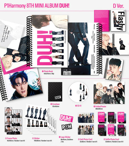 P1Harmony 8th Mini Album [DUH!] D Version, front cover, official K-pop merchandise with photobook, poster, stickers, and random photocards.