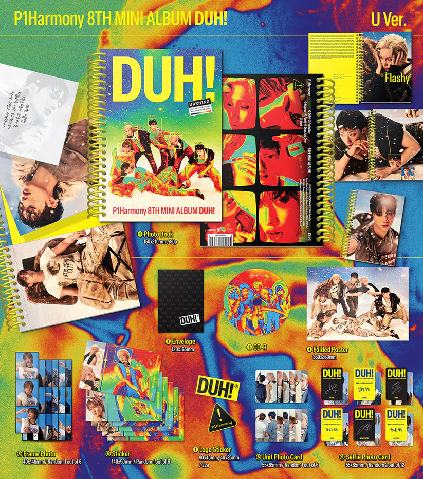 P1Harmony 8th Mini Album [DUH!] U Version, front cover, official K-pop album including photobook, poster, stickers, and random photocards.