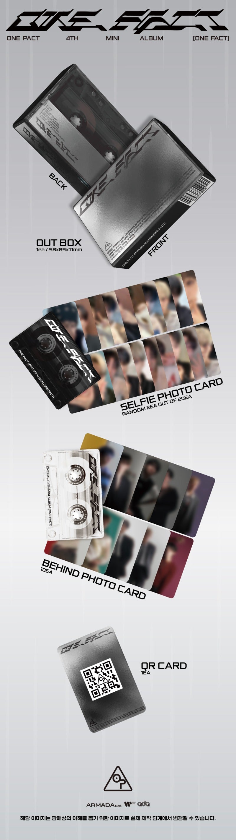 Contents of ONE PACT 4th Mini Album [ONE FACT] Platform Version, including outbox, 2 random selfie photocards (out of 20), 10 behind photocards, and 1 QR card each, official K-pop collectible.