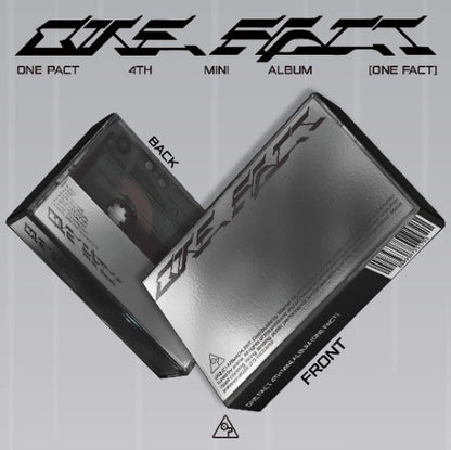 ONE PACT 4th Mini Album [ONE FACT] Platform Version showing front and back of album pack, official K-pop merchandise including outbox, selfie photocards, behind photocards, and QR card.