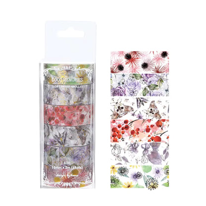 Individual roll of plant and flower print washi tape, featuring colourful botanical or floral designs, ideal for scrapbooking, journaling, gift wrapping, and DIY crafts.